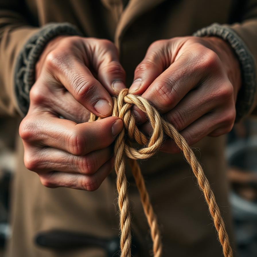 Hands tying a knot with natural cordage